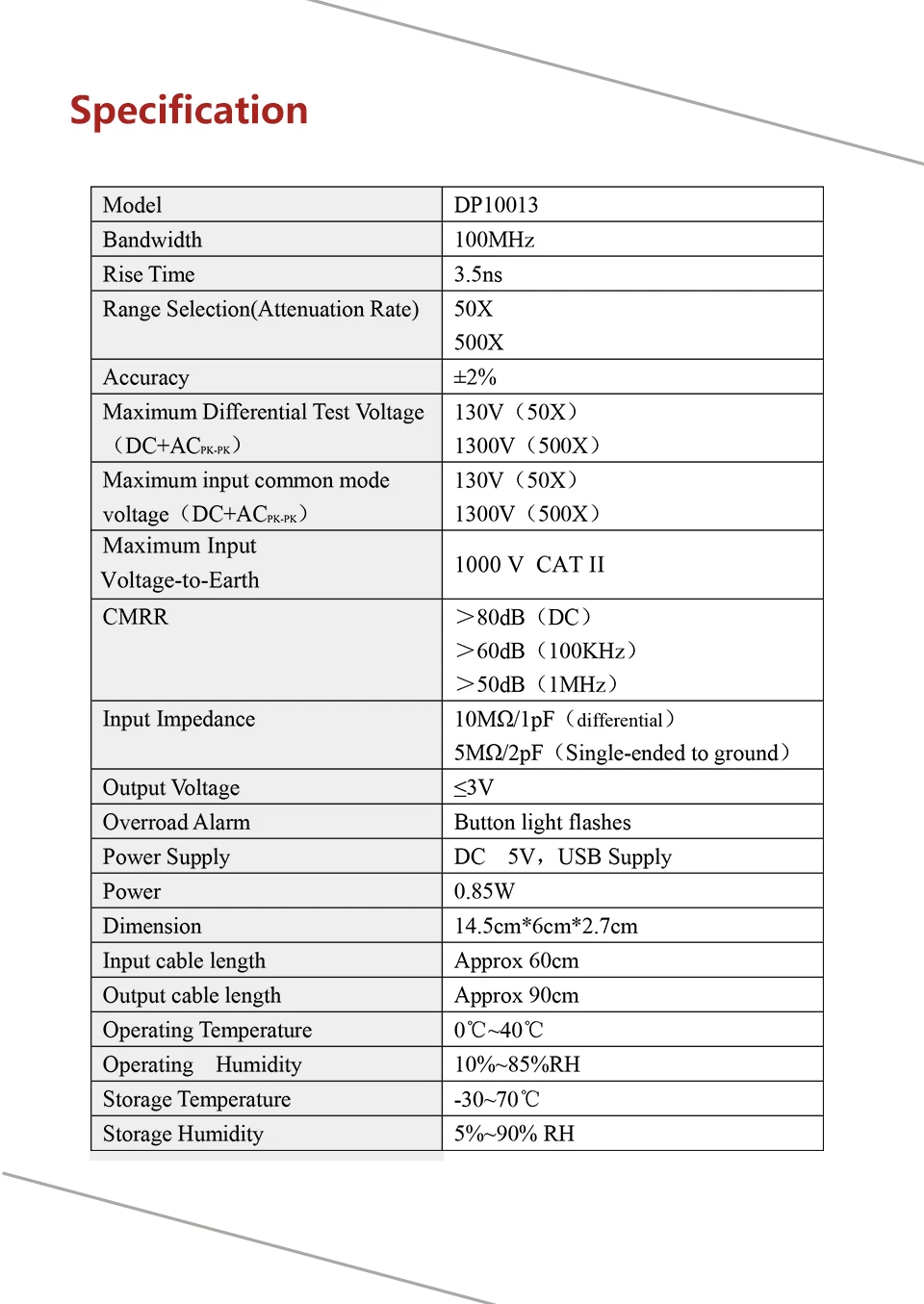 Micsig DP10013 осциллограф зонд аксессуары части 1300 в 100 МГц высокое напряжение дифференциальный зонд комплект 3.5ns время подъема