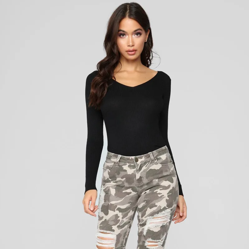 Женское боди с v образным вырезом и длинным рукавом сексуальная водолазка 2018