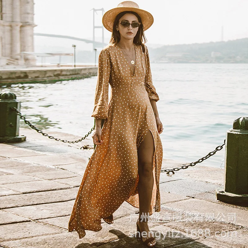 Женское платье в горошек Boho длинное пляжное большого размера с треугольным