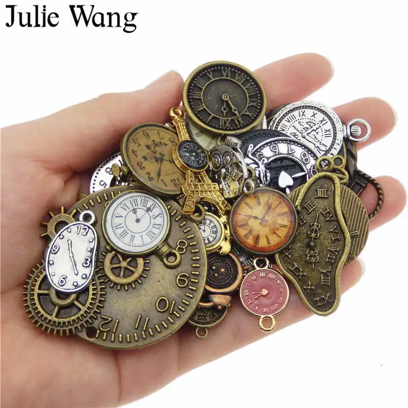 Julie Wang, 10 шт., Случайные Смешанные часы, часы, лицо, амулеты, сплав, ожерелье, подвеска, поиск ювелирных изделий, стимпанк, аксессуар