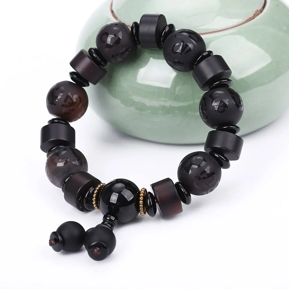 Natural Stone Black Agate Reiki Obsidian Six-Word Mantra Beads Bracelets For Women Men Classic Elastic Jade Buddha Bracelet Gift | Украшения