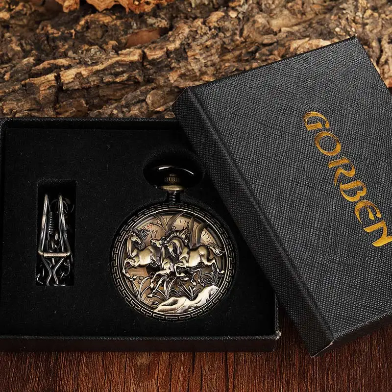 Carved Horse Pattern Mechanical Pocket Watch Vintage Hollow Bronze Fob Hand Watch Necklace with Chain for Men Women Steampunk
