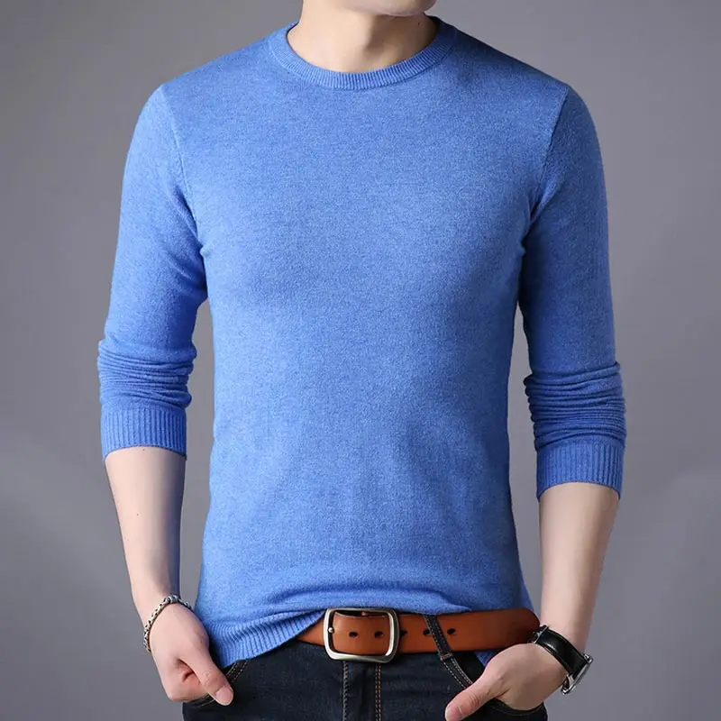 light blue Зимний мужской свитер мужской круглый вырез сплошной цвет повседневные мужские свитера Slim Fit бренд трикотажные толстые шерстяные пуловеры BK53 - Цвет: light blue