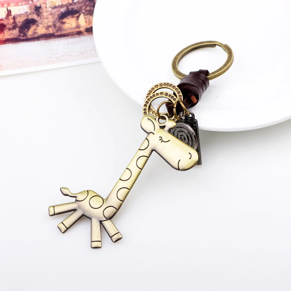 2019 new sika deer giraffe keychain fashion cartoon design bronze men and women alloy leather braided key ring | Украшения и