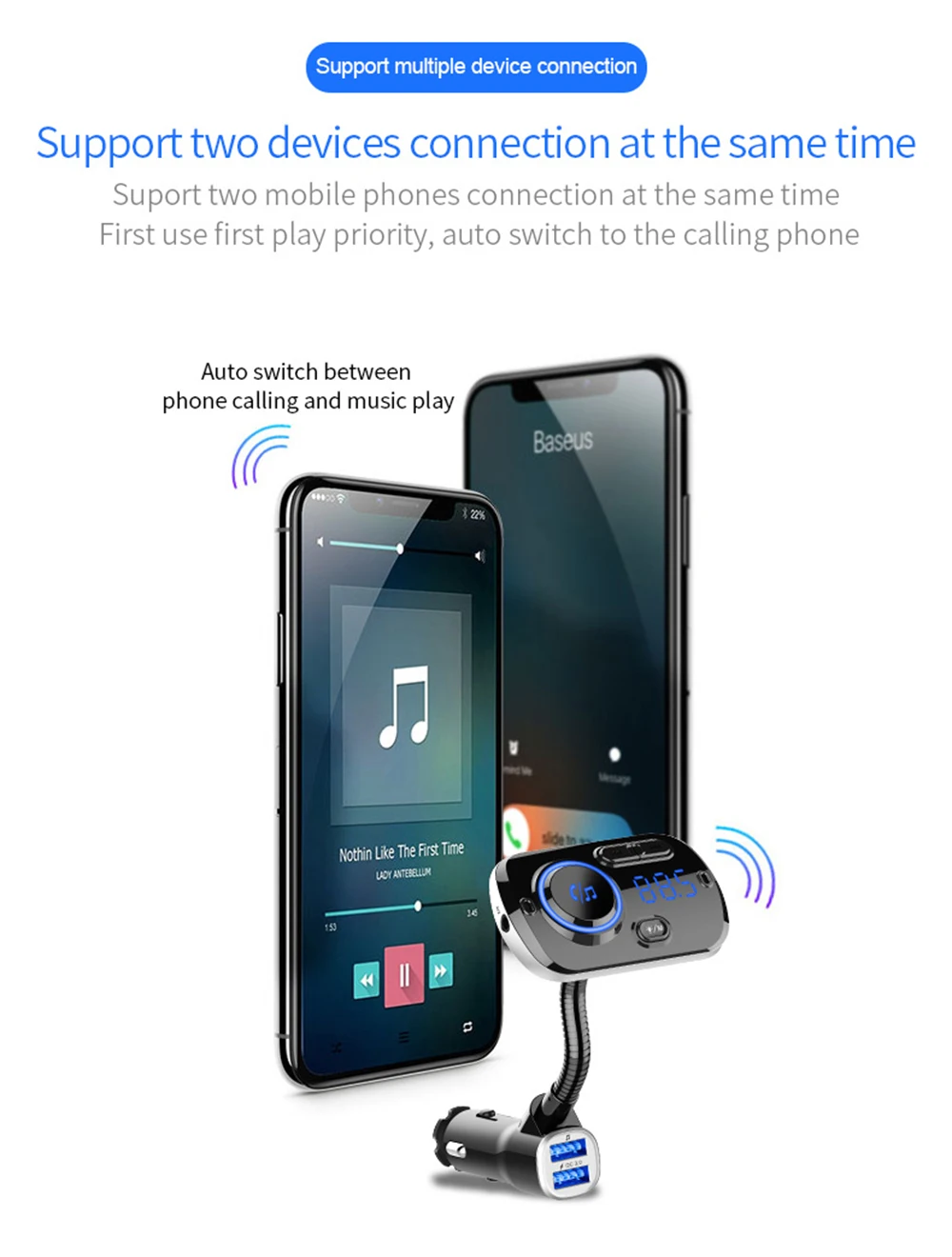 JINSERTA цветной светильник, Большой Цифровой Автомобильный Mp3 плеер, Bluetooth 5,0, fm-передатчик QC3.0, двойное зарядное устройство USB, поддержка AUX, TF карта