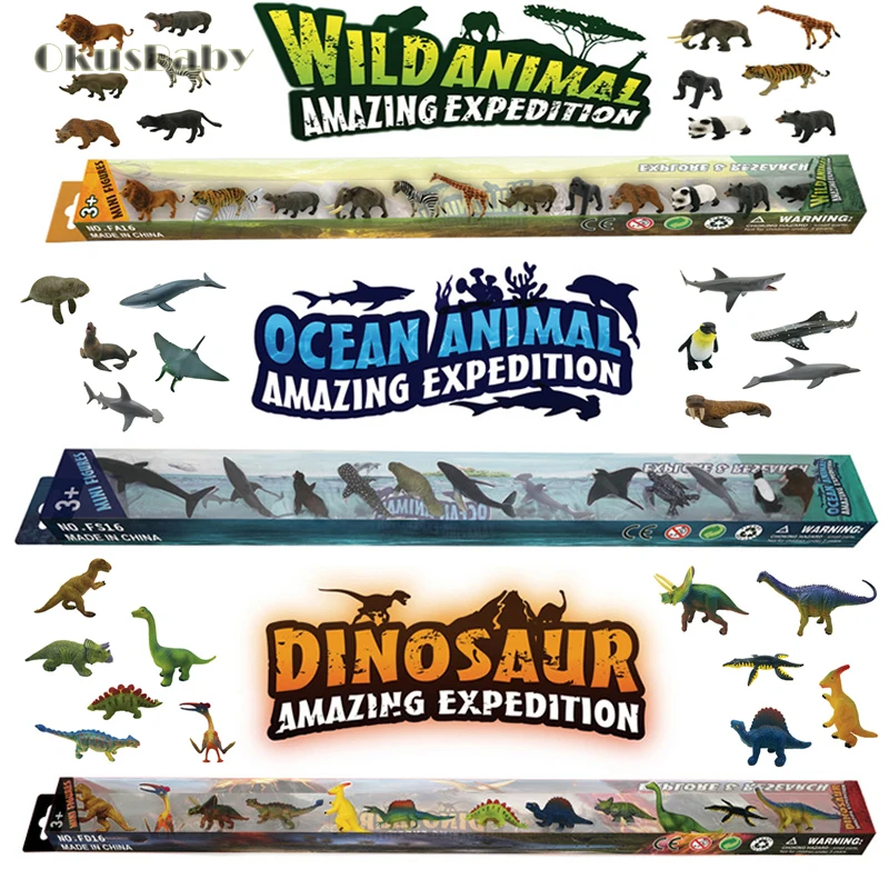12pcs Mini Set Emulational Children Animal Toys Solid Plastic Material Dinosaur/wild Animal/marine animal Doll With Box|Игровые фигурки