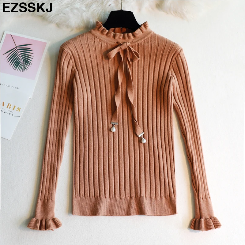 NEW vintage thick Autumn Winter Sweater pullovers Women ruffled collar Long Sleeve bow sweater female soft pullover top | Женская одежда