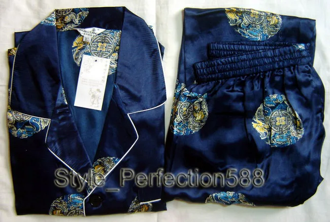 2013 Новый синий китайский мужской ночной халат из искусственного шелка 2 шт.