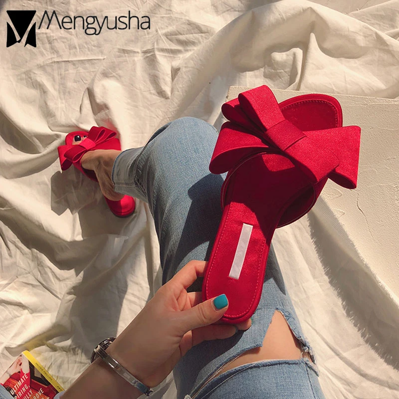 Мюли женские шелковые с большим бантом однотонные пляжные сандалии открытым