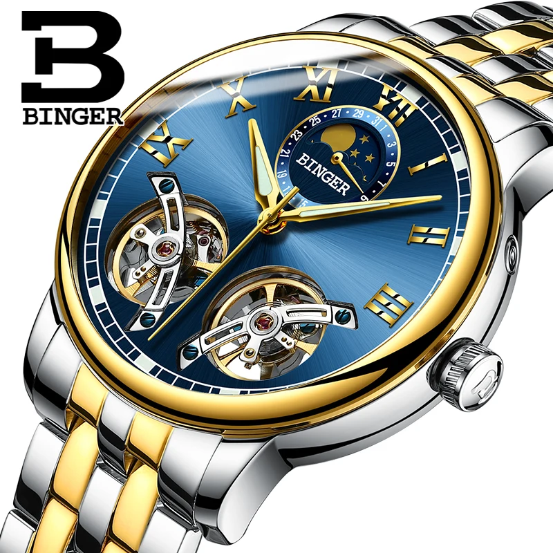 2019 NEW BINGER Unique Design Style Double Tourbillon Skeleton Watch Full Steel Casual Men Mechanical Watches Automatic | Наручные часы
