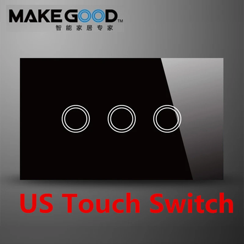 Настенный сенсорный выключатель MakeGood стандарта США 3 клавиши 1 канал черно белый