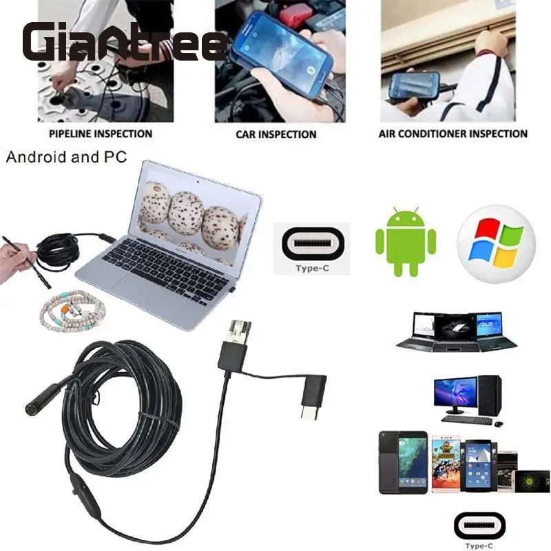 Эндоскоп Giantree 2M 5 мм Type-C 6LED 3в1 Android OTG USB MircoUSB бороскоп камера для наблюдения за
