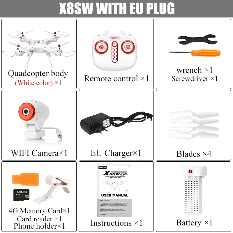 X8SW-EU Квадрокоптер Syma X8SC X8SW WiFi FPV с барометром и функцией возврата 2.4GHz - Цвет: X8SW-EU