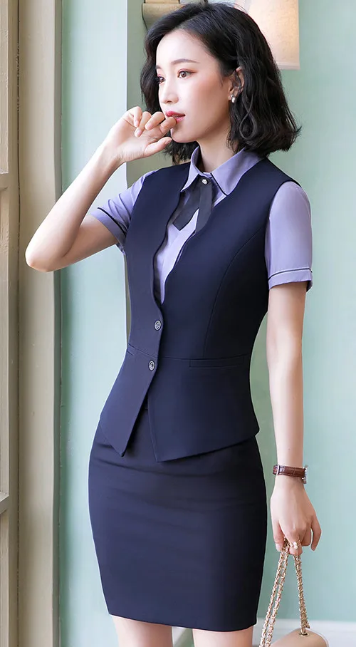 Navy vest and skirt Темпераментный Модный женский жилет летний официальный деловой жилет пальто Офисная Женская рабочая одежда Униформа - Цвет: Navy vest and skirt