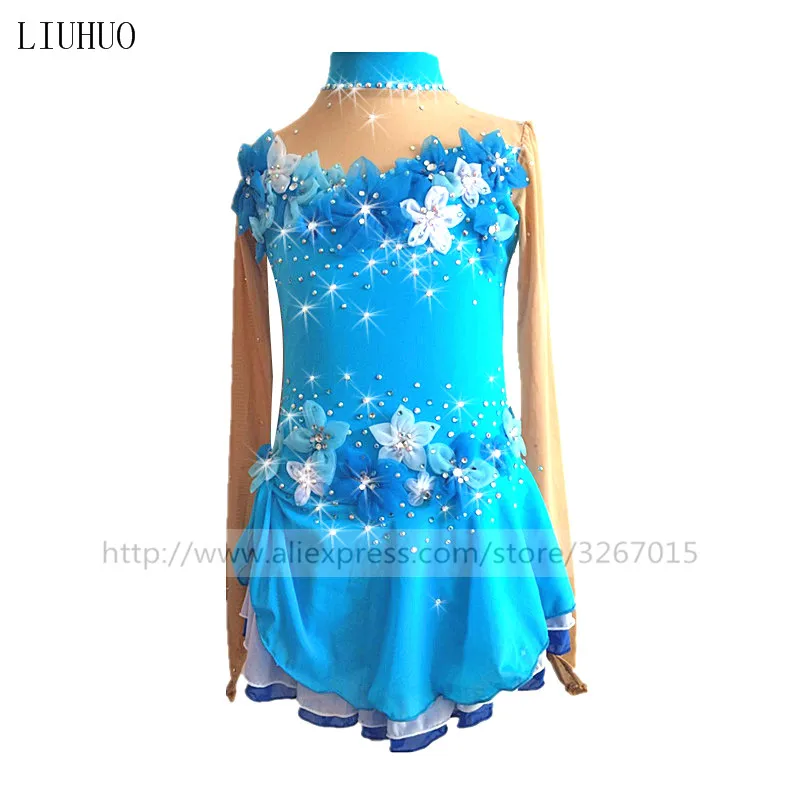 LIUHUO Figure Skating Dress Women's Girls' Ice Performance Gymnastics Competition Leotard Costume Dance Blue Handmade Flowers |