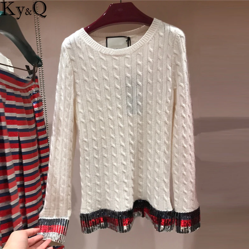 2019 Winter Runway White Knitted Sweaters and Pullovers Women Striped Sequin Sweet Female Ladies korean Jumper Tops Clothing | Женская