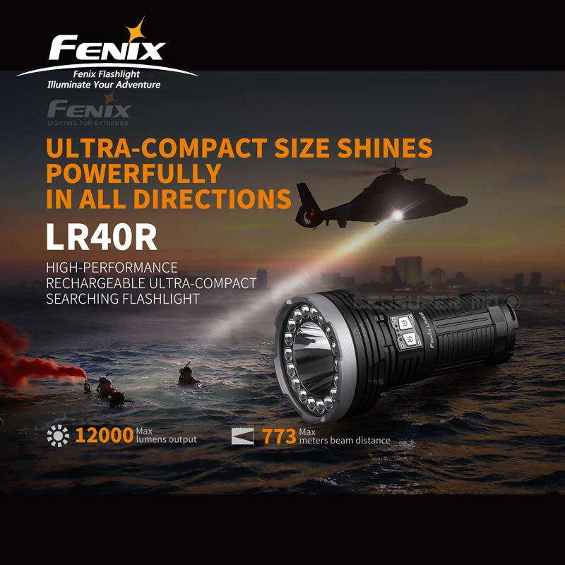 12000 Lumens Fenix LR40R High-performance Rechargeable Ultra-compact Searching Flashlight with Li-ion Battery Pack