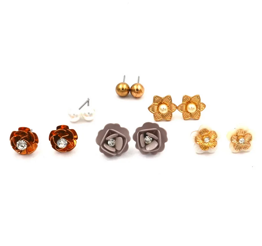 Fashion jewelry fashion golden pearl flower 6 pairs stud earring set wholesale free shipping S001 | Украшения и аксессуары