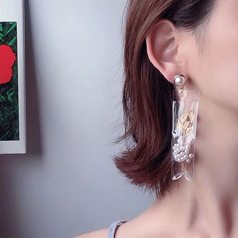S925 Silver Vintage Transparent Gold Color Simulated Pearl Leaf Walking Show Drop Earrings for Women Party Jewelry Pendientes | Украшения и