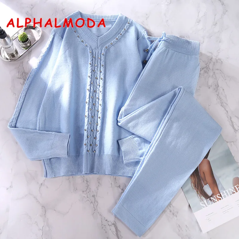 ALPHALMODA зимний женский вязаный свитер с бриллиантом брюки костюм аккуратный v-образный воротник витой Кристалл джемпер Штаны спортивные костюмы