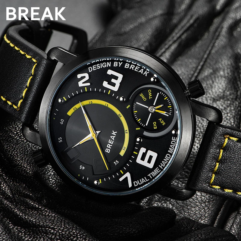 Мужские кварцевые наручные часы BREAK с двумя часовыми поясами кожаный ремешок
