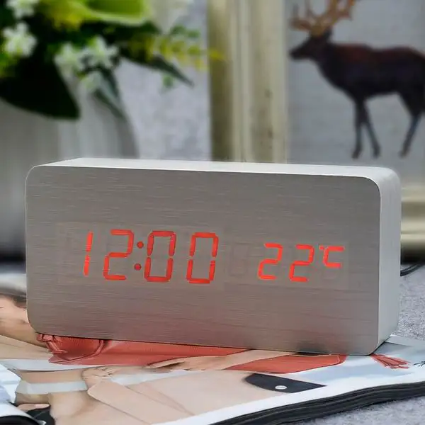 white red Suncree Деревянный цифровой светодиодный Будильник reloj despertador контроль звука температура электронный стол настольные часы - Цвет: white red