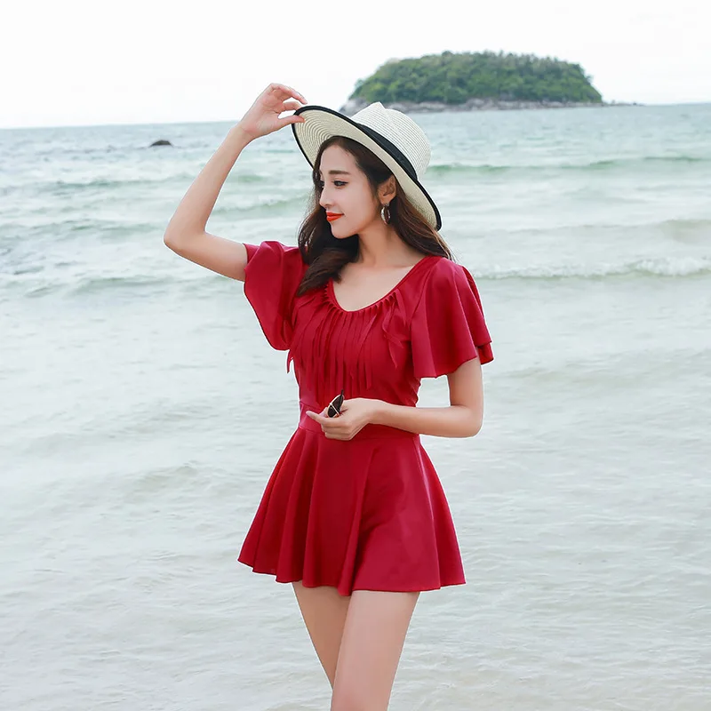 2019 купальник из двух частей юбка однотонный черный красный с подкладкой без