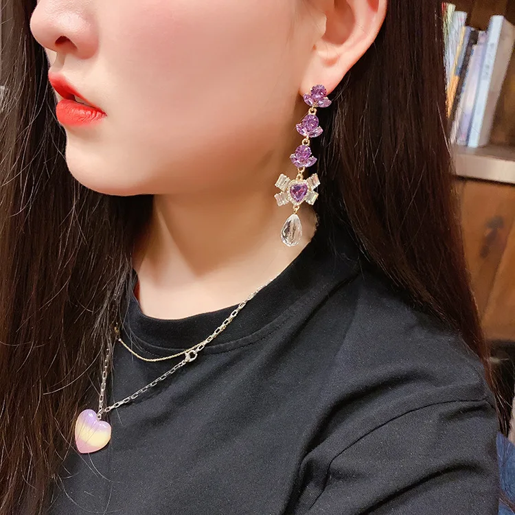 Роскошные преувеличенные фиолетовые серьги в форме сердца с цветами и