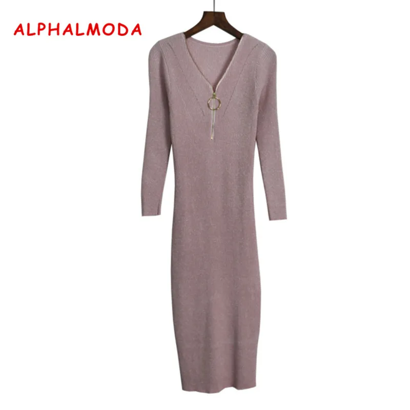 

Женское облегающее платье ALPHALMODA, с V-образным вырезом на молнии с воротником, с золотистыми нитями, трикотажное блестящее с длинными рукавам...