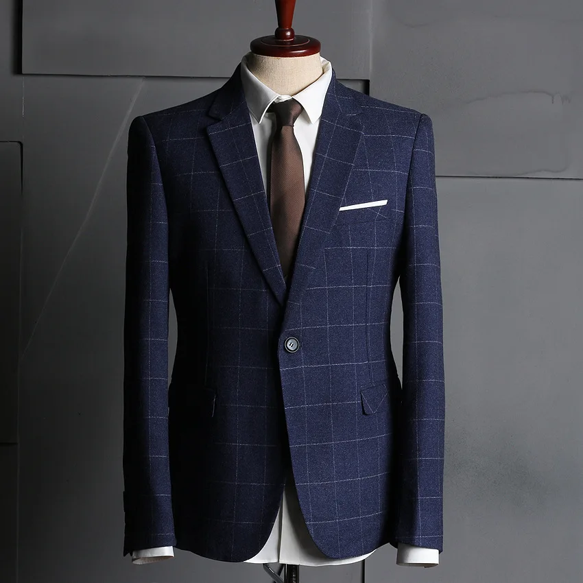 Mens Suit Men's 3 Pieces Business Blue Plaid Suits Male Casual Blazer Jacket For Wedding Dress XFD0020 | Мужская одежда