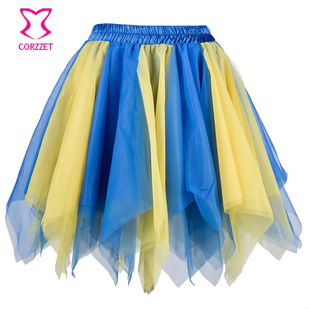 

Blue&Yellow Layered Asymmetrical Tulle Mini Pettiskirt Gothic Corset Tutu Burlesque Skirt Sexy Skirts For Women Dance Club Wear