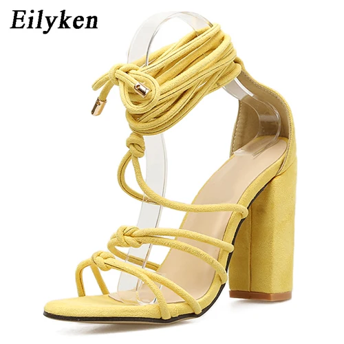 Eilyken/ г. Новые летние модные желтые черные женские сандалии на шнуровке с ремешком на щиколотке на квадратном каблуке размер 35-40 - Цвет: yellow