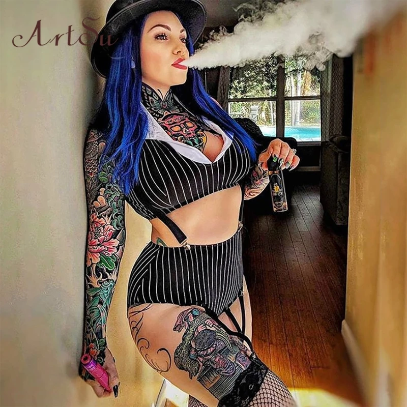 ArtSu готический комплект из топа и трусиков в полоску женское сексуальное