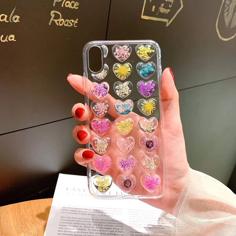 Cute Heart Dried Flowers Case For iPhone 7 8 6 6S Plus Transparent X XR XS Max TPU Real Flower Silicone Girly Cover | Мобильные