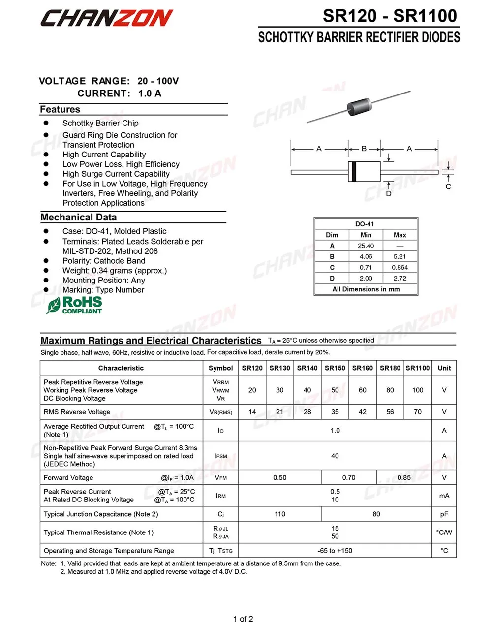 (100 шт.) SR160 (SB160) Барьерный выпрямитель выпрямителя диоды 1A 60 в DO 41 (DO 204AL) осевой 1