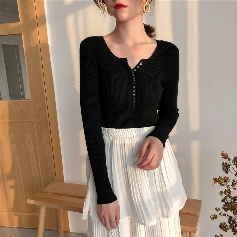 Spring V-neck Single Breasted Women Sweater Skinny Elastic Full Sleeve Knitted Pullovers Feminino Soft Femme Winter Jumper 2019 | Женская