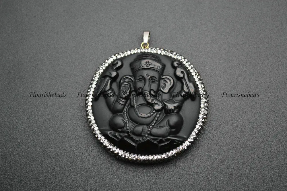 

Natural Black Obsidian Carved Elephant Ganesha Stone Pendants Paved Black Crystal Beads Jewelry