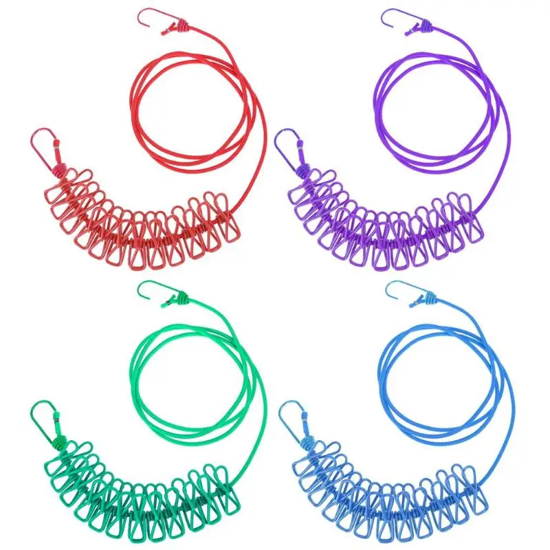 1.7m Outdoor Portable Clothes Line Camping Travel Stretchy Clothesline 12 Clips Travel Rope Washing Line Drying Clothes Hanger