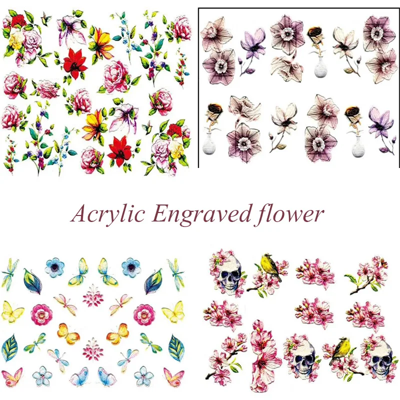 3D акриловая гравированная наклейка с цветком для ногтей птицы листья Водные