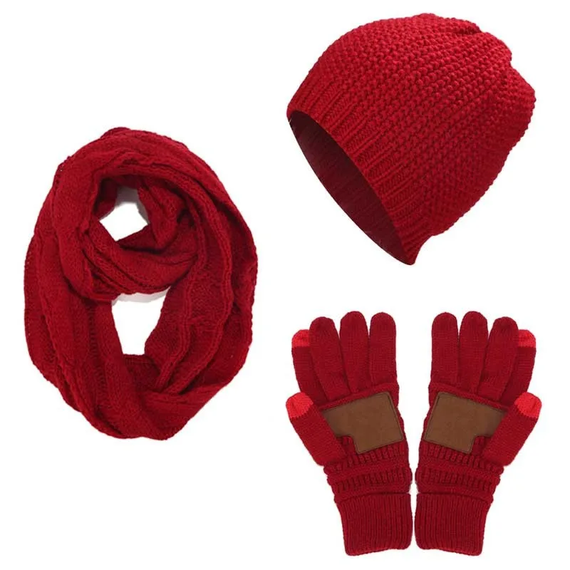 C-Wine red Ponytail Beanie Women Scarf Hat Glove Sets Knitted Winter Cap Warm Skullies Beanies Woolen Hats Casual Female Slouchy Knit Caps - Color: C-Wine red