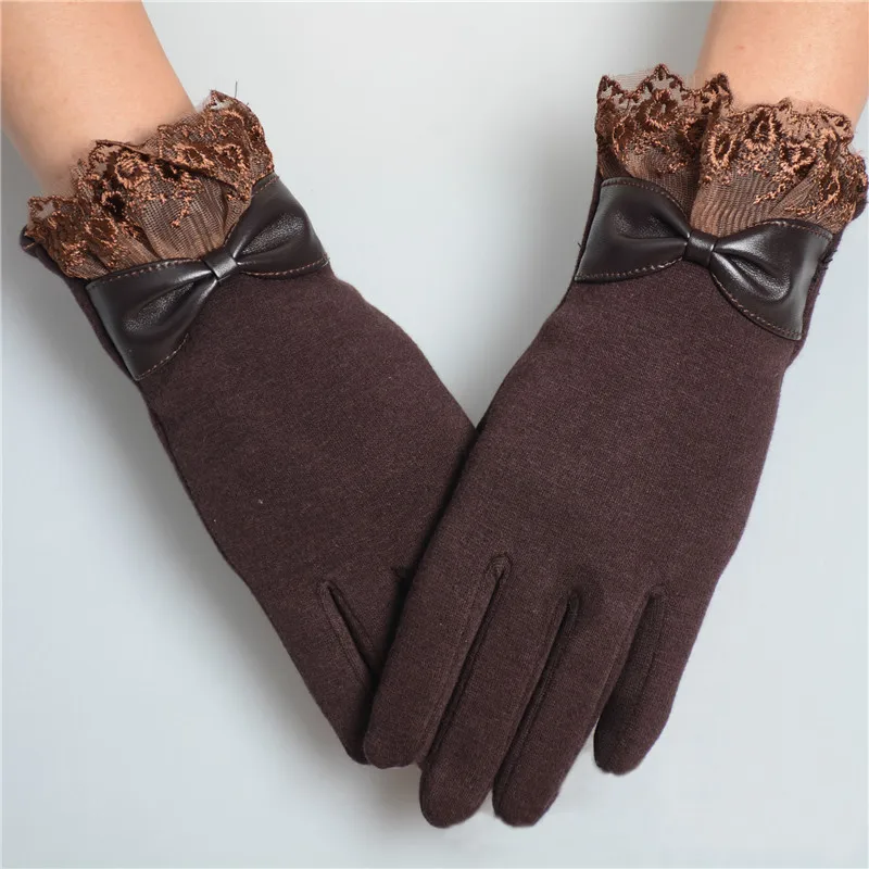 Элегантные женские перчатки модные зимние теплые мягкие кружевные с бантом