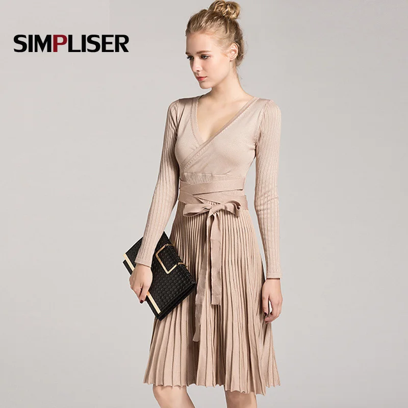 

Women Knitted Dress Vintage Deep V-Neck Woman's Casual Vestidos Bow Tie Dresses Spring Female Elegant Dress High Waist