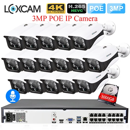 16CH NVR x 16 Camera LOXCAM H.265+ система видеонаблюдения 16CH 5MP POE NVR комплект супер 3MP 2048x1536 безопасности наружная аудио запись звука POE IP камера P2P 4K HDMI - Цвет: 16CH NVR x 16 Camera