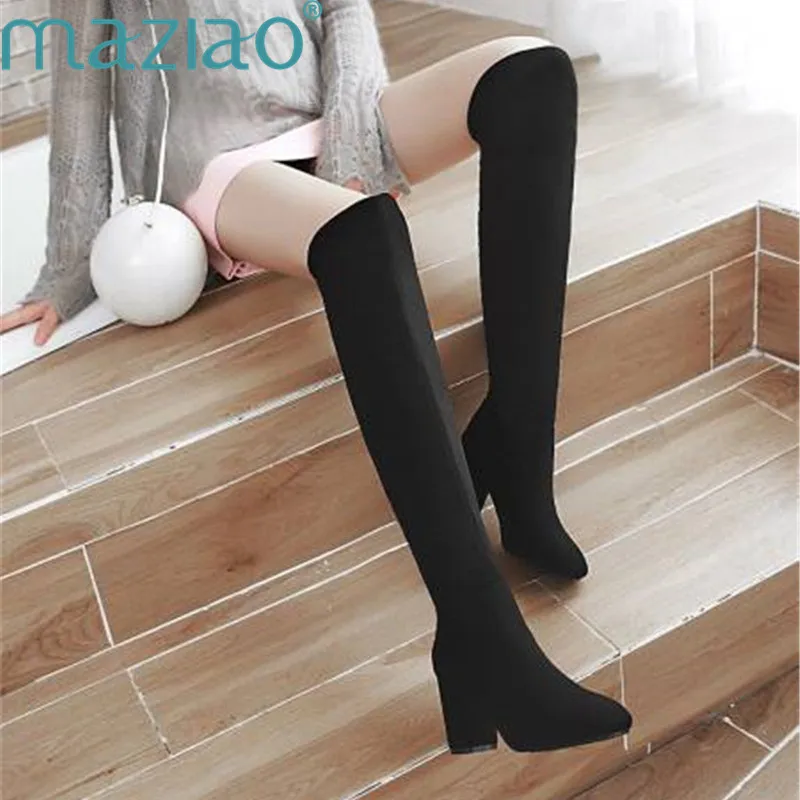 Женские высокие ботинки до бедра однотонные модные теплые на высоком квадратном
