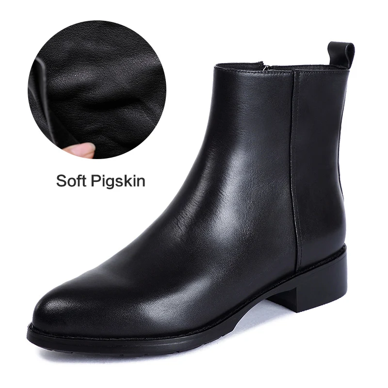 Genuine leather Женские ботинки Donna-in, брендовые чёрные полусапожки из натуральной кожи на каблуке, роскошные ботинки на меху с заострённым носком на сезон осень-зима - Цвет: Genuine leather