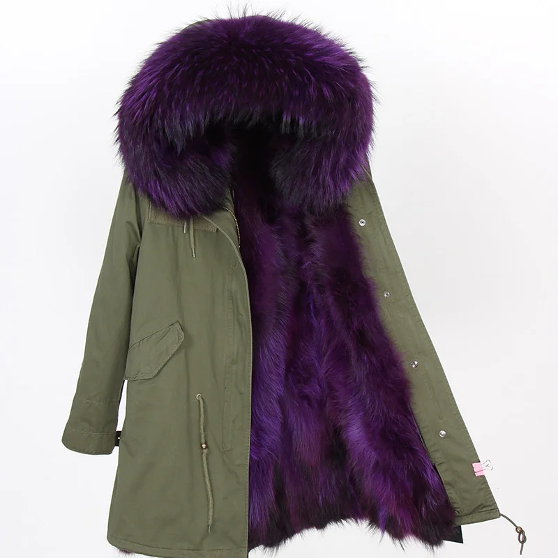 green purple Пальто с натуральным мехом, длинная парка, верхняя одежда, новая мода, натуральный мех енота, воротник из лисьего меха, зимняя куртка, женская верхняя одежда, новинка - Цвет: green purple