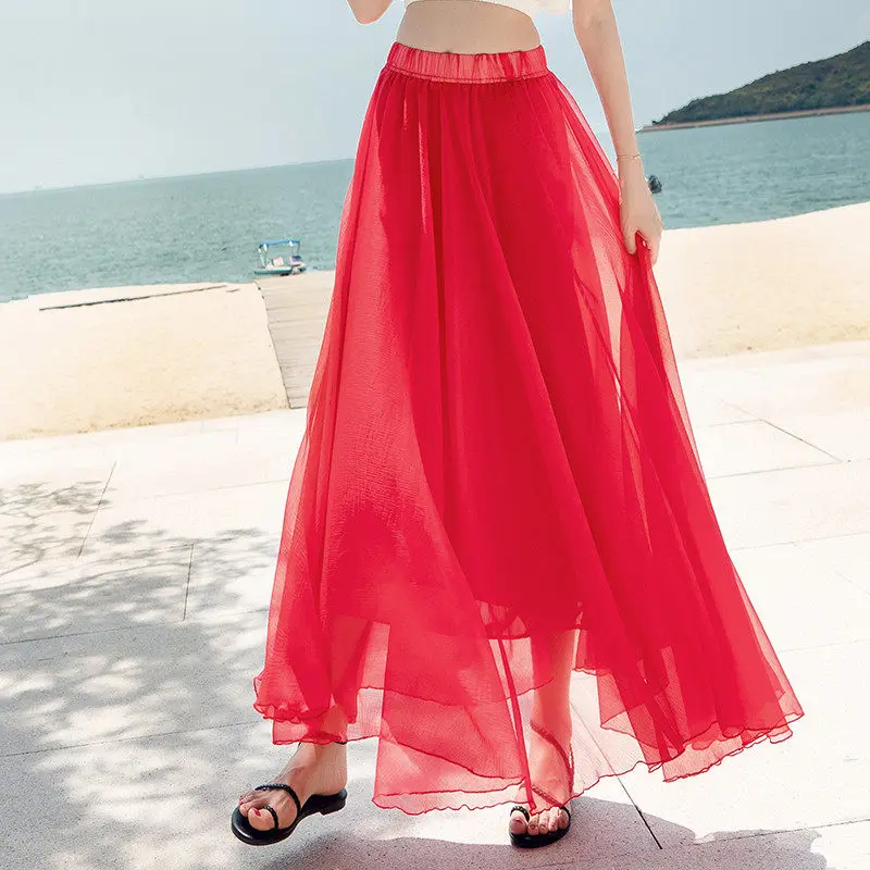 red skirt Длинная пляжная юбка для лета, Бохо юбка, 15 однотонных цветов, Cgiffon, макси юбки, Saia Longa Faldas, черная, серая, зеленая, синяя, красная женская юбка - Цвет: red skirt