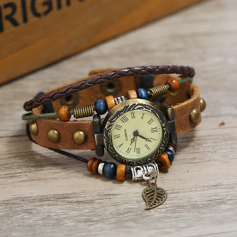 Женские винтажные повседневные наручные часы с браслетом из натуральной кожи и
