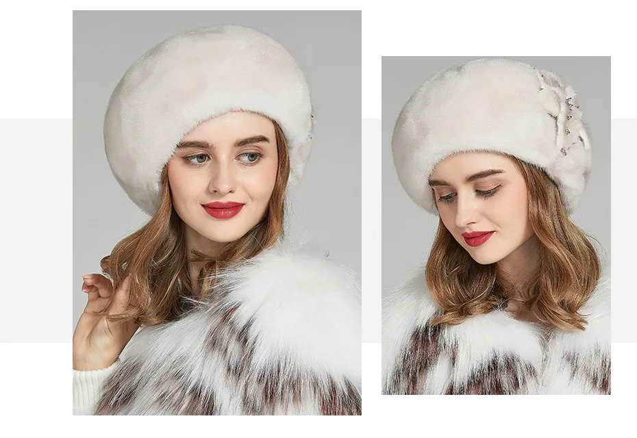 Женская меховая шапка ENJOYFUR, теплая шапочка-берет из цельного куска натурального меха норки с цветком на зиму