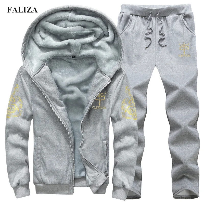 FALIZA, повседневный спортивный костюм для мужчин, зимняя флисовая Толстая брендовая Хлопковая мужская куртка с капюшоном+ штаны, теплая зимняя толстовка с мехом внутри, S108